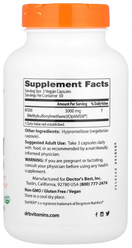 Doctor's Best MSM, Метилсульфонилметан МСМ, 180 капсул